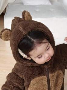 DAZY 女婴卡通撞色长袖连体衣家居服秋冬保暖连帽衫 - 咖啡棕 - 查看 7