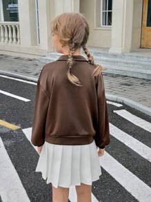 SHEIN Girls' Retro American Style Polo Collar Half Zip Printed Loose Casual Sweatshirt - Coffee Brown - View 2