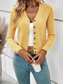 SHEIN Frenchy 女式纯色长袖单排扣休闲针织开衫 - 黃色 - 查看 1