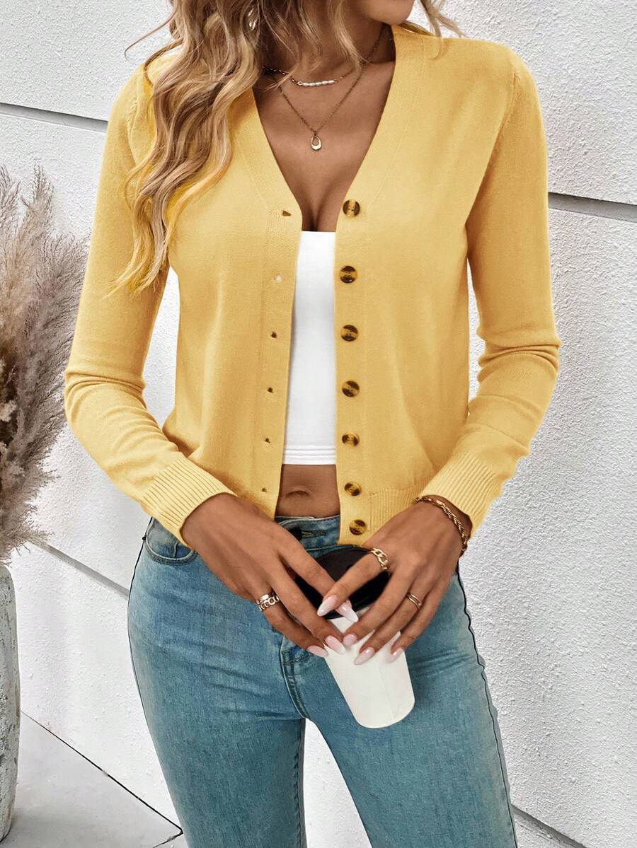 SHEIN Frenchy 女式纯色长袖单排扣休闲针织开衫 - 黃色 - 查看 1