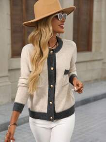 Brillora 女款撞色圆领长袖单排扣休闲针织开衫，女款针织开衫，双色开衫，休闲开衫，女款开衫，秋冬纽扣开衫 - 卡其色 - 查看 4