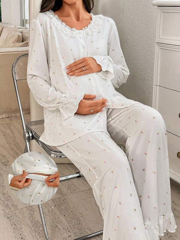 Moonlight & Mama Flare Sleeve Lace Patchwork V-Neck Ditsy Floral Button Down Long Sleeve Maternity Pajama Set