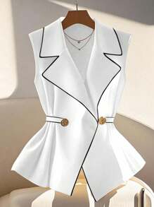 Franclia Camisa de mujer sin mangas de moda con cuello de solapa y cintura fruncida - Blanco - Ver 1