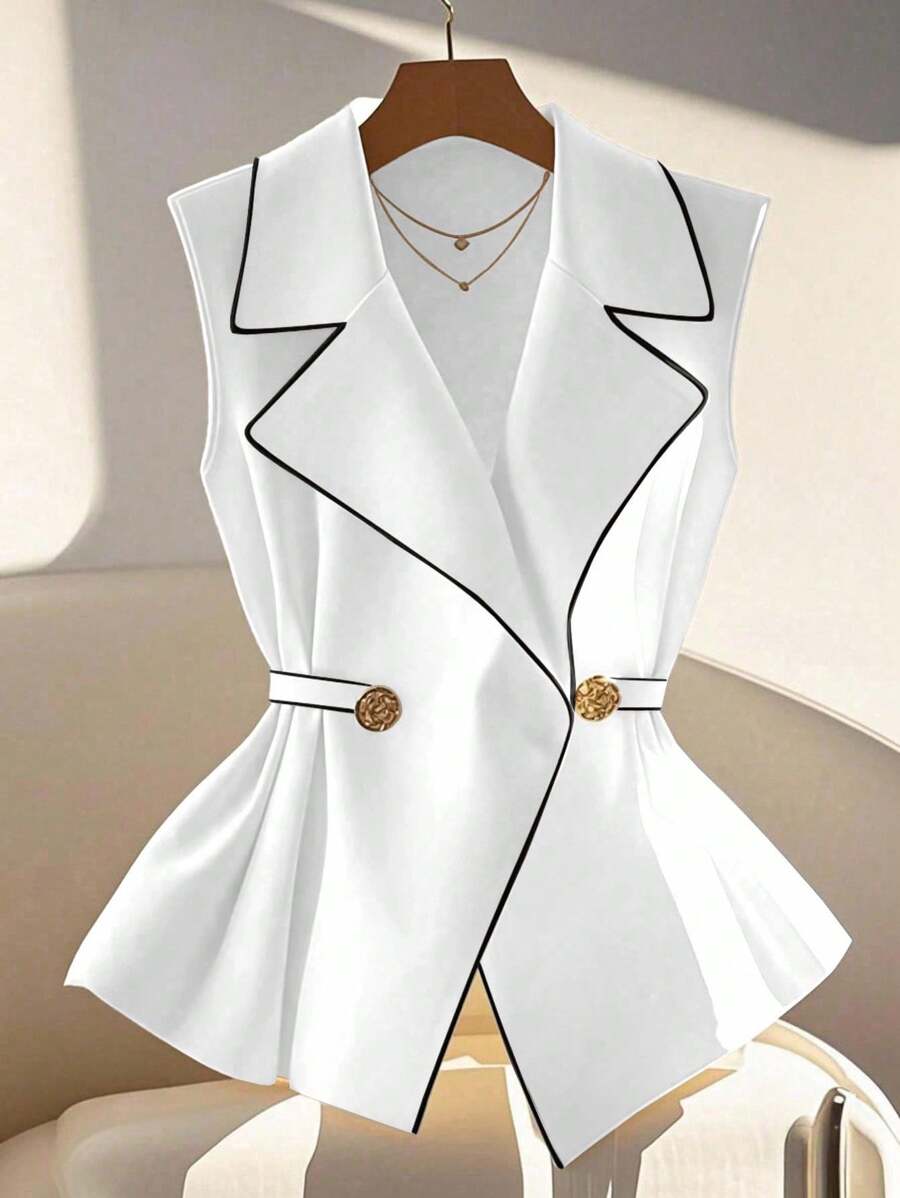Franclia Camisa de mujer sin mangas de moda con cuello de solapa y cintura fruncida - Blanco - Ver 1