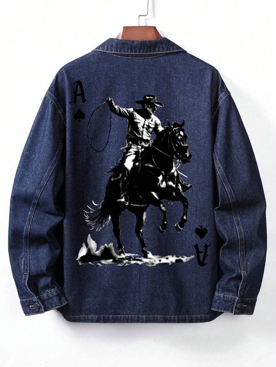 Manfinity Homme 大码男士深蓝色宽松休闲牛仔夹克，百搭牛仔牛仔夹克西部夹克，emo 风格 - 深色水洗藍 - 查看 1