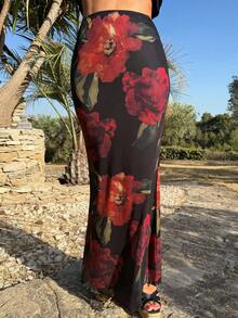 Manon Tanti 新款花卉印花弹力网眼裙，浪漫橙色大花休闲/约会裙