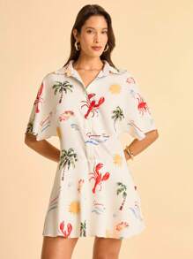 CAJUNI Women's Vacation Shallow Yellow Ocean Element Lobster, Palm Tree, Starfish Printed Shirt Collar Short Sleeve Button Down Waist 2 In 1, Summer Vacation, Date, Party, Beach Printed Jumpsuit