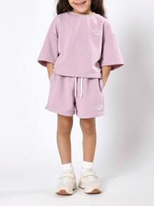 SUMWON Girls Summer NYC Club Co-Ord Set 2023 Collection Crew Neck Short Sleeve T-Shirt Drawstring Elastic Waist Shorts Comfortable Two Piece Outfit - Purple - View 2
