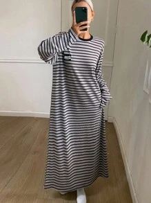 DAZY 宽松条纹长袖睡裙，女士睡衣连衣裙，秋季睡衣，冬季睡衣，宽松睡裙 - 黑色 - 查看 3