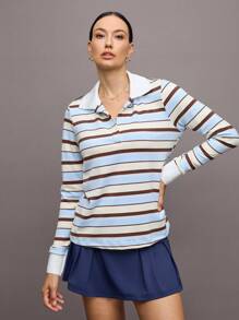 Activina Áo thun polo thể thao dài tay kẻ sọc thường ngày dành cho nữ - Màu xanh lam - Xem 1