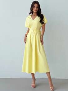 Firerie Women's Simple Elegant Casual V-Neck Dolman Sleeve Cinched Waist A-Line Mid-Length Dress In Pale Yellow, Suitable For Daily Commute And Work