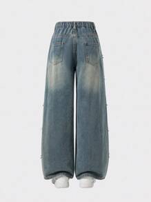 SHEIN Tween Girl Y2K Fashion Wide Leg Jeans, Side Bow Decor Design, Loose Denim Pants, Autumn Back To School Street Style, Music Festival, Holiday Casual Wear, Street Fashion, Casual Everyday Denim Fall Winter Jeans - Light Wash - View 2