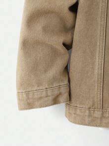 SHEIN 青少年男孩时尚休闲 Y2K 复古酷炫街头返校学院风两件套，卡其色牛仔宽松翻领长袖外套搭配舒适弹力修身牛仔裤，适合儿童日常穿着，柔软舒适，也适合儿童秋冬季节、派对、居家穿着，街头风校园服饰，男孩套装，青少年男孩套装 - 卡其色 - 查看 4