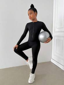 SHEIN Tween 女童休闲经典圆领露背前拉链长袖连体衣运动服，青少年女孩运动装，适合日常、户外、休闲运动 - 黑色 - 查看 2