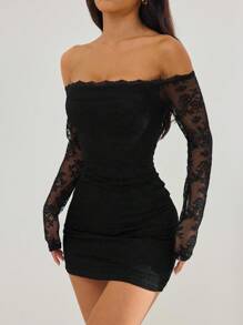 SHEIN PETITE Women's Sexy & Elegant Contrast Lace Off The Shoulder Dress Bodycon Mini Dress,Night Out,Date Night Outfit,Going Out Outfits,Fall Wedding Guest Dress Black Off The Shoulder Dress,Black Dresses Classy Elegant,Party Dress - Black - View 7