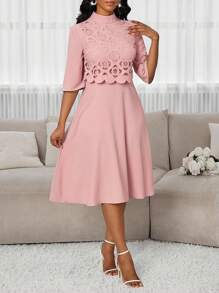 SHEIN Lady 女士纯色镂空领优雅中长连衣裙