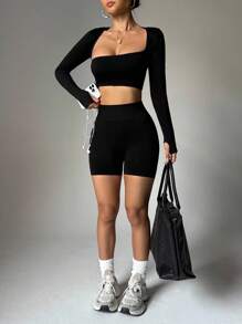 Dewbera Seamless Solid Color Cropped Top And Shorts Women Sports Set Gym Set Long Sleeve Workout Set - Black - View 3