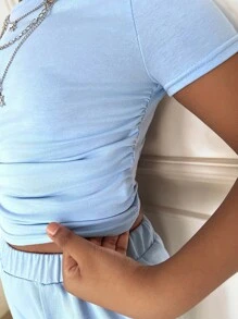 SHEIN Tween 女童休闲纯色针织长袖上衣和直筒裤套装，返校装 - 藍色 - 查看 6