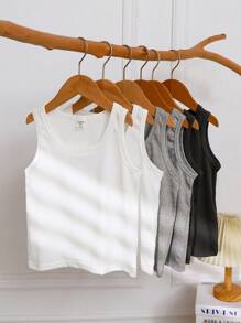 SHEIN Playful Pals 6pcs/Set Young Boy Sleeveless Top, Summer Young Boy Multi-Pack Top, Pure White Crew Neck Top, Soft And Comfortable Knit Fabric, Suitable For Daily Wear, Sports, Vacation, Can Be Paired With Sports Shorts, Denim Shorts, Suitable For Casual Daily Wear, 6pcs Top Set, Suitable For School, Vacation, Holidays - Multicolor - View 1