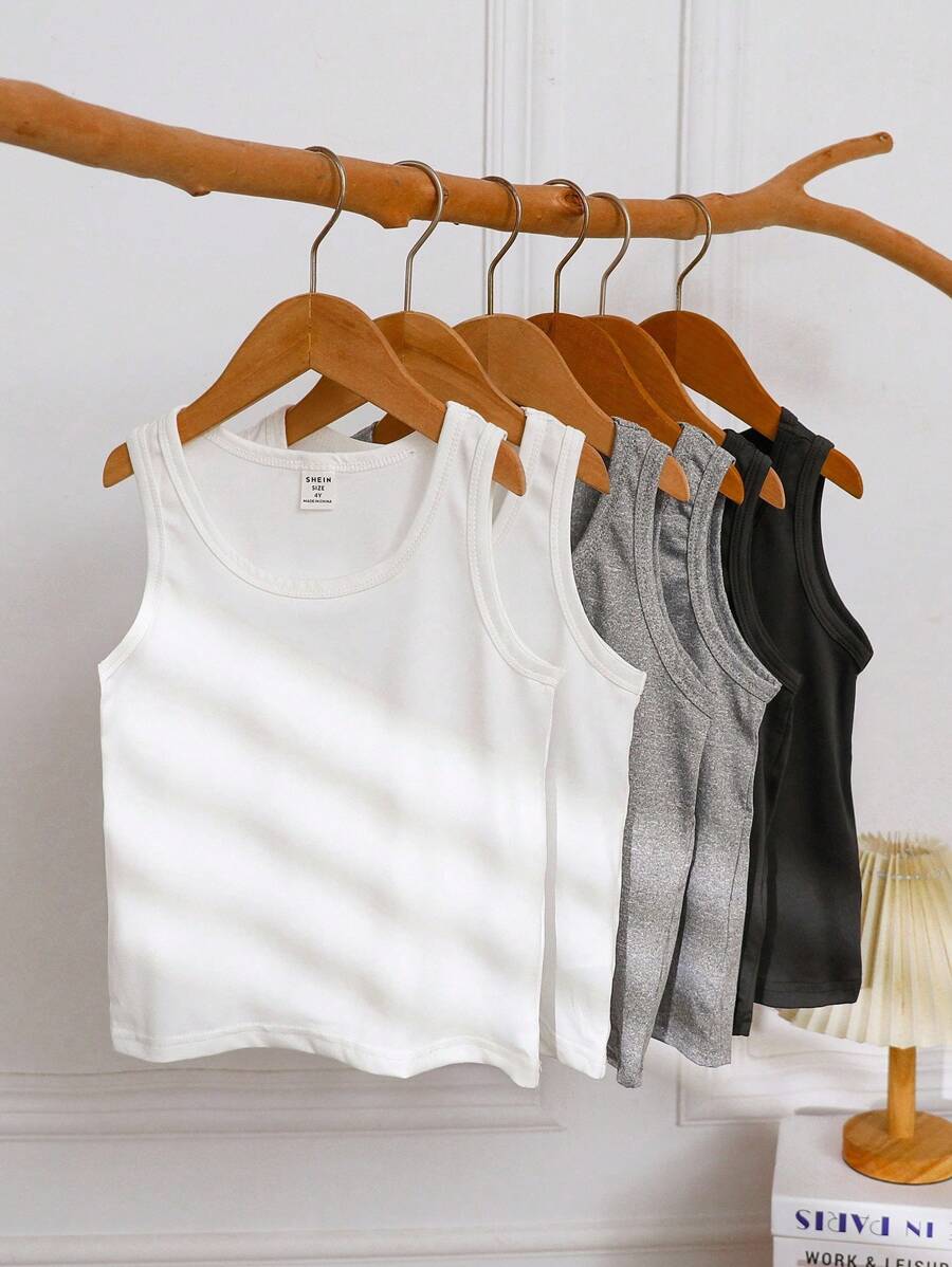 SHEIN Playful Pals 6pcs/Set Young Boy Sleeveless Top, Summer Young Boy Multi-Pack Top, Pure White Crew Neck Top, Soft And Comfortable Knit Fabric, Suitable For Daily Wear, Sports, Vacation, Can Be Paired With Sports Shorts, Denim Shorts, Suitable For Casual Daily Wear, 6pcs Top Set, Suitable For School, Vacation, Holidays - Multicolor - View 1