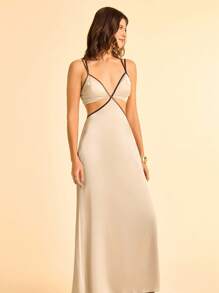 CAJUNI Vestido largo con espalda descubierta y ribete de color contrastante, sexy para el verano - Albaricoque - Ver 5