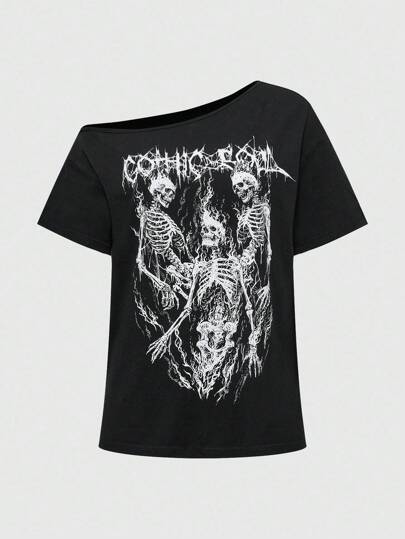 Gothic Totenkopf Muster asymmetrische Schulter Kurzarm Damen T-Shirt, Halloween