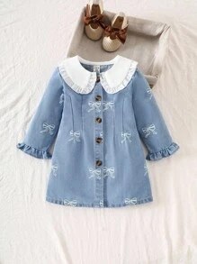 Mädchen/Kleinkinder/Babys modische, süße Schleifenprint Langarm Denim Kleid mit Knopfkragen, weich & bequem, locker geschnitten, geeignet für Outdoor-Tragen im Frühling und Herbst
