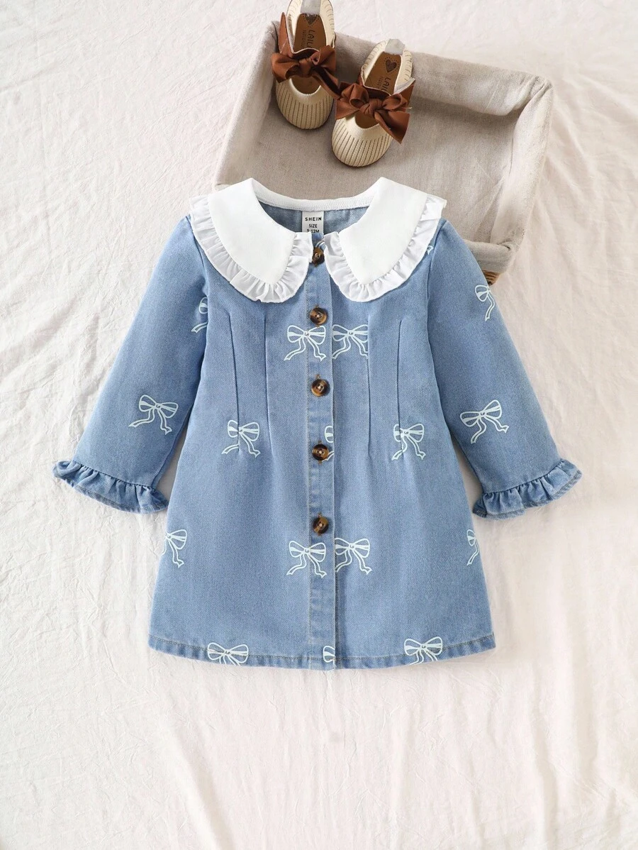 Mädchen/Kleinkinder/Babys modische, süße Schleifenprint Langarm Denim Kleid mit Knopfkragen, weich & bequem, locker geschnitten, geeignet für Outdoor-Tragen im Frühling und Herbst