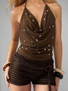 MISSGUIDED Studded Halter Neck Cowl Tank Top Festival Party Evening Clubwear Metallic Embellished Summer Draped Neck Backless Design Top - Army Green - View 4