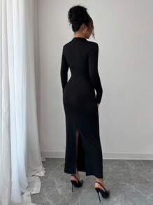 Elenzga Váy dài tay khoét lỗ kim loại trang trí cho nữ - màu đen - Xem 2