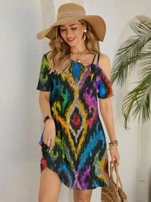 Glamance BiGraphic Women's Mini Butterfly Print Short Sleeve Shoulder Dress, Autumn Multicolor Dress Colorful Dress Cold Shoulder Dress Ikat Print Dress - Multicolor - View 5