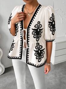 Breezaya Blouse femme à manches en forme de lanterne avec nœud papillon et imprimé tout-sur-tout