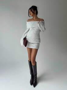 Aloruh 灰色露肩高领长袖迷你毛衣裙，上衣宽松下装紧身，适合年轻女士，秋冬 - 灰色 - 查看 4