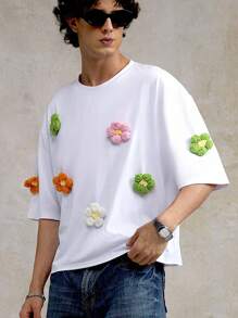 Manfinity Hypemode Men's Casual Dropped Shoulder Short Sleeve 3D Floral T-Shirt, Summer , Flower Tshirt Men , Men Summer Clothes , Boxy T Shirt Men , Oversized T Shirt Men