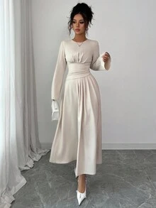 Siren Gaze 新款收腰长袖纯色圆领常规肩部中长连衣裙，女士秋季连衣裙，冬季优雅晚礼服 - 杏色 - 查看 3