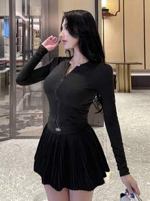 DAZY Women's Round Neck Casual Street Style Slim Fit Short Jacket Fall/Winter - Black - View 6