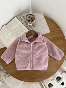 SHEIN Baby Girl Infant Toddler Newborn 0-3 Years Old Autumn/Winter Fleece All-Match Versatile Simple High Collar Outerwear, Light Pink Fall