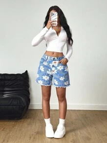 SHEIN Tall Women's Summer Casual Vacation Style Floral & Letter Print Raw Edge Denim Shorts, Tall Women - Light Wash - View 5