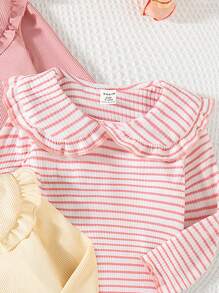 SHEIN 3pcs Baby Girls Elegant Peter Pan Collar Striped Long Sleeve T-Shirt, Cute & Fashionable For Home, Outdoor, Vacation, All Seasons Fall Winter - Multicolor - View 5