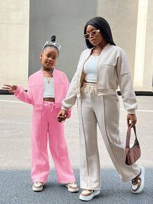 Tween Girl SL Store Casual Knit Solid Color Stand Collar Long Sleeve Sweatshirt Sweatshirt Set, Mommy And Me Matching Outfits (2 Sets Sold Separately) Fall Winter - Baby Pink - View 3