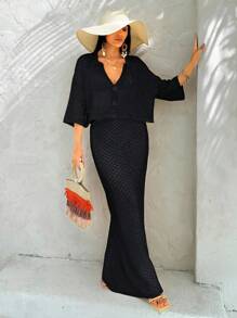 Women Shirt Blouse And Skirt Two Piece Outfit Cover Up Set For Summer Beach Vacation - Black - View 6