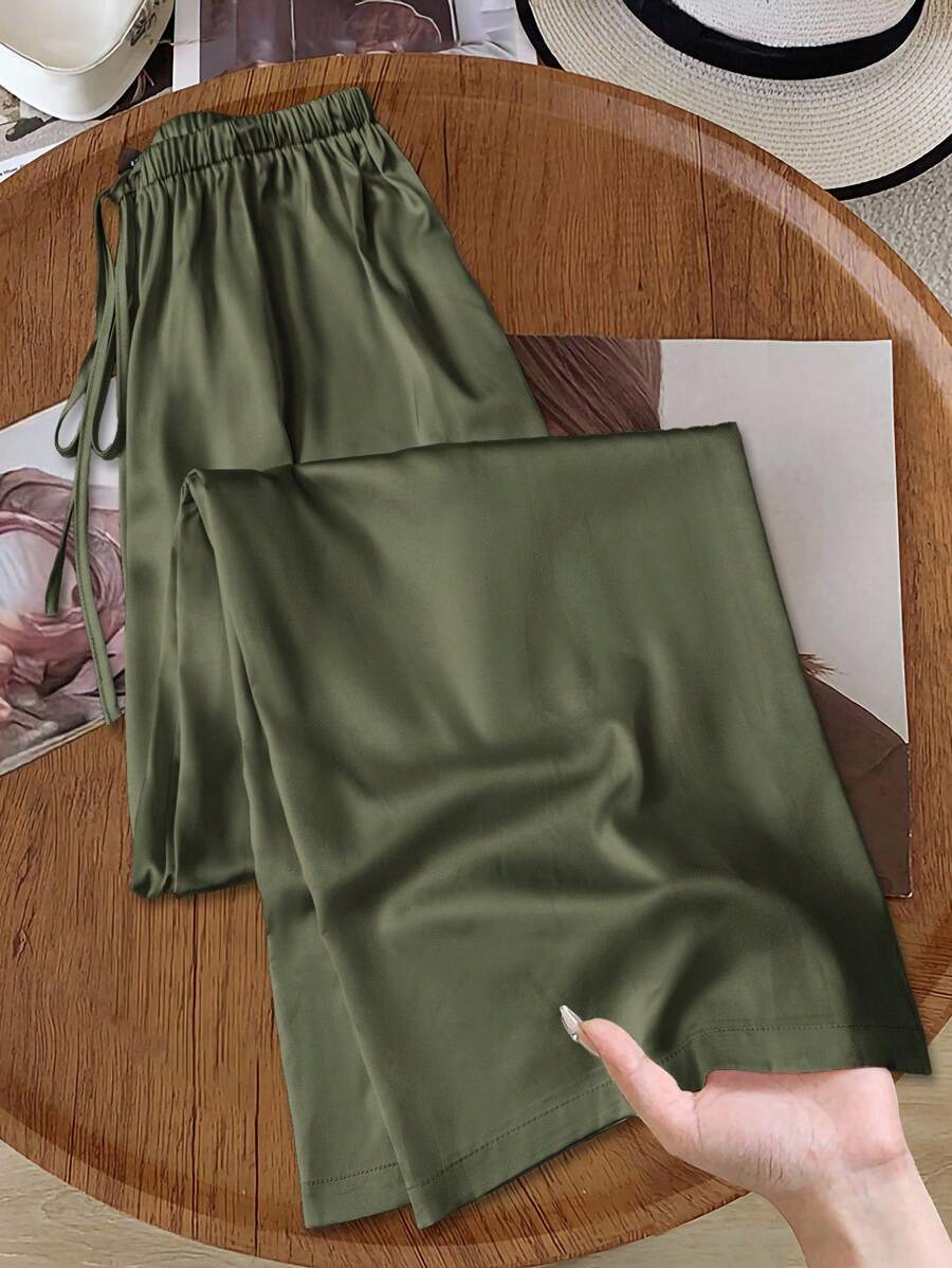 SHEIN LUNE Green Long Satin Wide-Leg Pants For Women With Casual Style Silk Pants Satin Pants Green Silk Pants Green Satin Pants Olive Green Pants - Green - View 1