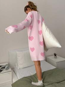 EURMUSE Crewneck Heart Pattern Knit Sweater Dress In Candy Pink – 82cm Shoulder To Hem Length, Relaxed Fit,Winter Dresses For Women,Petite - Pink - View 6