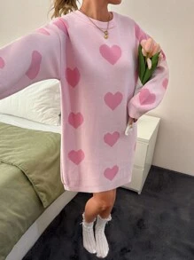 EURMUSE Crewneck Heart Pattern Knit Sweater Dress In Candy Pink – 82cm Shoulder To Hem Length, Relaxed Fit,Winter Dresses For Women,Petite - Pink - View 4