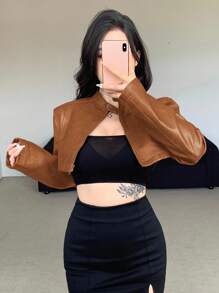 DAZY 女士时尚短款 PU 皮夹克，街头风格开衫外套，秋季 - 亮橙色 - 查看 5