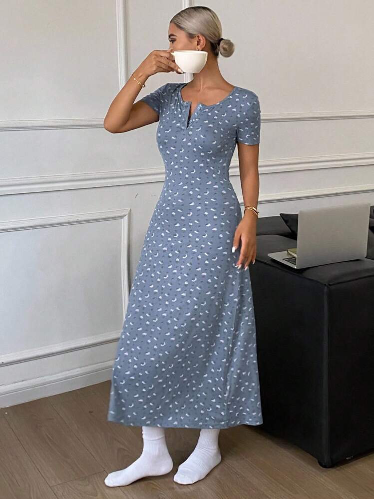 DAZY Ditsy Floral Cinched Waist Long Women's Nightgown Pajama - Blue - View 3