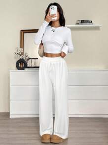 SHEIN EZwear Plus Size Casual Solid Color Drawstring Waist Sweatpants Loose Pants For Women White Lounge Pants - White - View 4