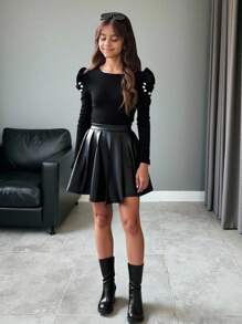 Firerie Kids Firerie Kids Tween Girl Autumn/Winter Fashionable & Elegant Pearl Beaded Puff Sleeve T-Shirt And Pleated PU Skirt 2 Pieces Set, Black