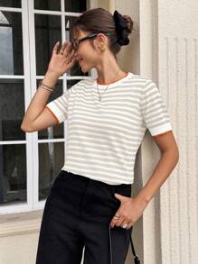 Serisse Color Block Striped Round Neck Short Sleeve Knit Top For Summer - Multicolor - View 7