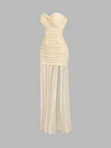 Sweetra 女士优雅网眼拼布修身高品质办公室风扭纹连衣裙 - 杏色 - 查看 3